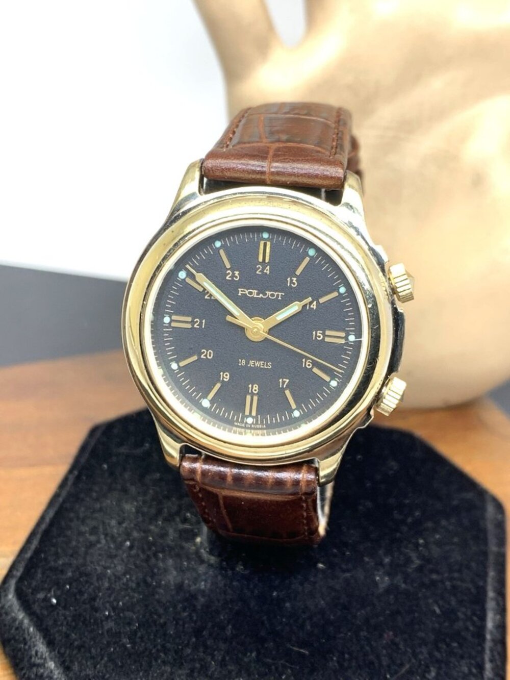 Poljot Mens Watch Vintage Russian Mechanical Alarm Black Dial Brown Leather 36mm